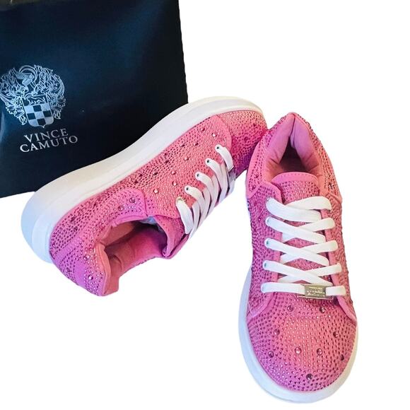NEW Vince Camuto Studded PLATFORM SNEAKERS Girls 3 Pink Rhinestone Lace Up SHOES - Picture 1 of 10